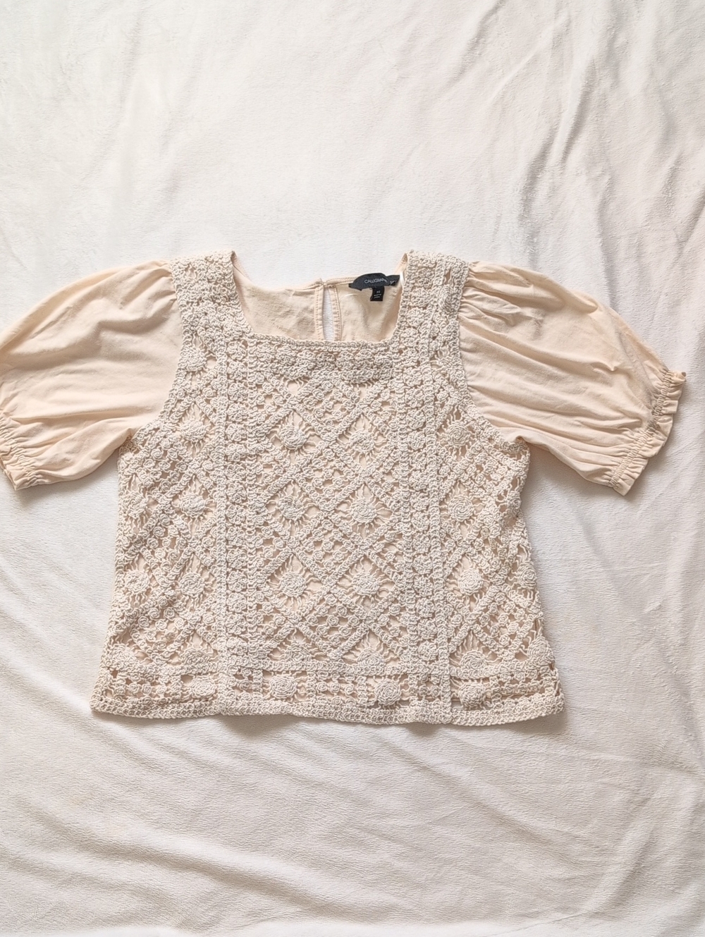 Calligraphie Boho Cream Mixed Media Crochet Lace Top Square Neck